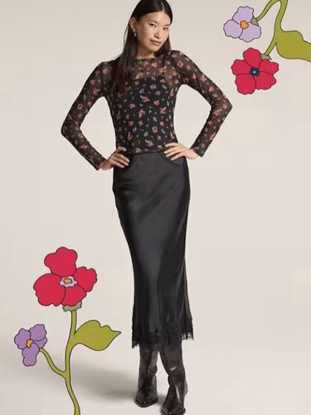 Old Navy x Anna Sui Satin Lace Hem Midi Skirt | Black | Size XL